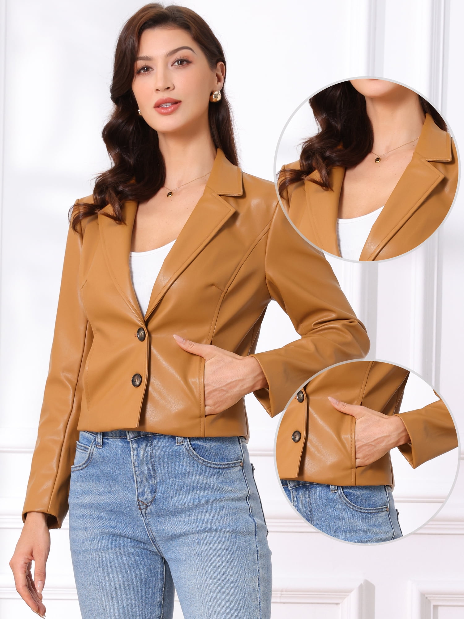 DARING DIVA Women's Faux Leather Motorcycle Jacket for Women Casual Cropped PU Leather M Light Brown