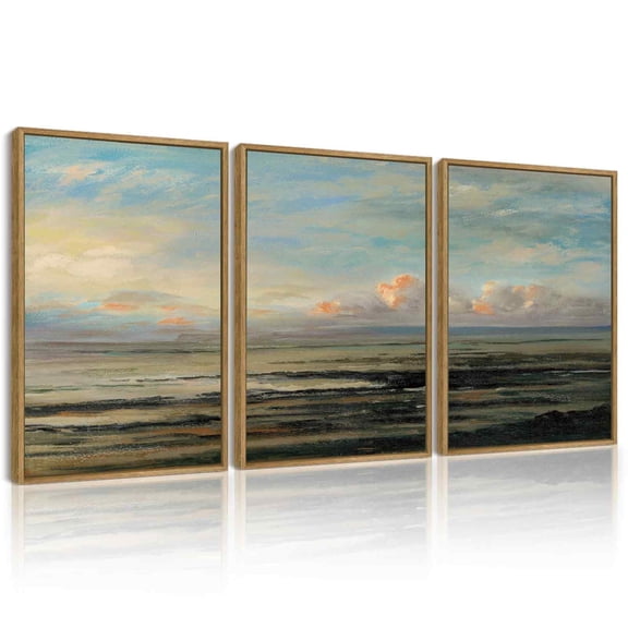 Drsoum Vintage Wall Art Coastal Sky Landscape Scenery Rustic Home Decor Retro Decorations for Farmhouse Hallway Bedroom 12x16in3pcs Brown Framed