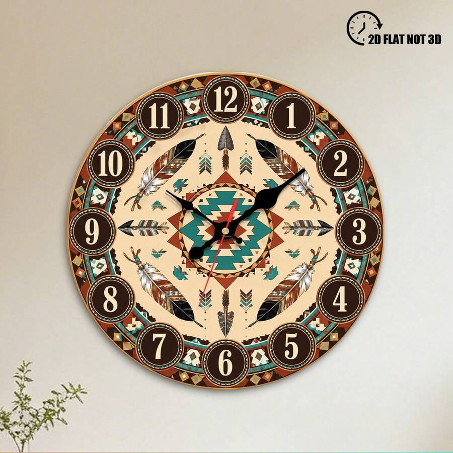Southwestern Native Feather Arrow Round Wall Clock, Silent Non‑Ticking Boho Tribal Decor Wall Clock, Ethnic Geometric Art Clock for Living Room Cabin Home