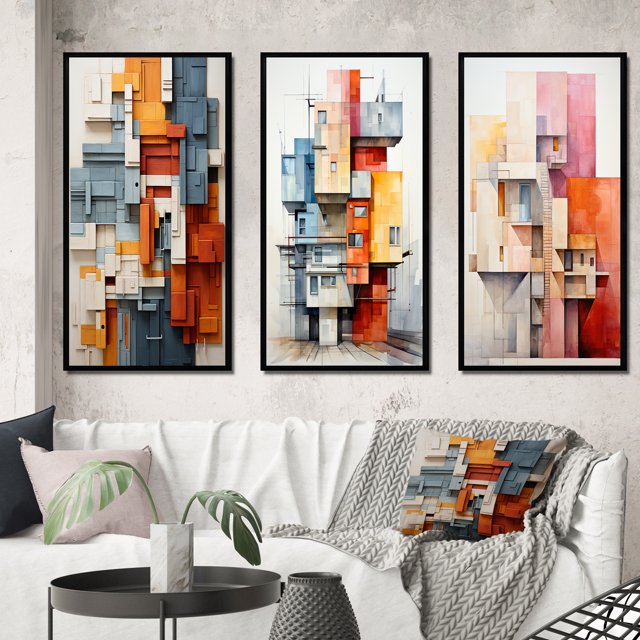Designart "Constructed Horizons in Constructivism II" Abstract Framed Wall Art Set Of 3 - Orange Constructivism Frame Canvas Set For Living Room Decor