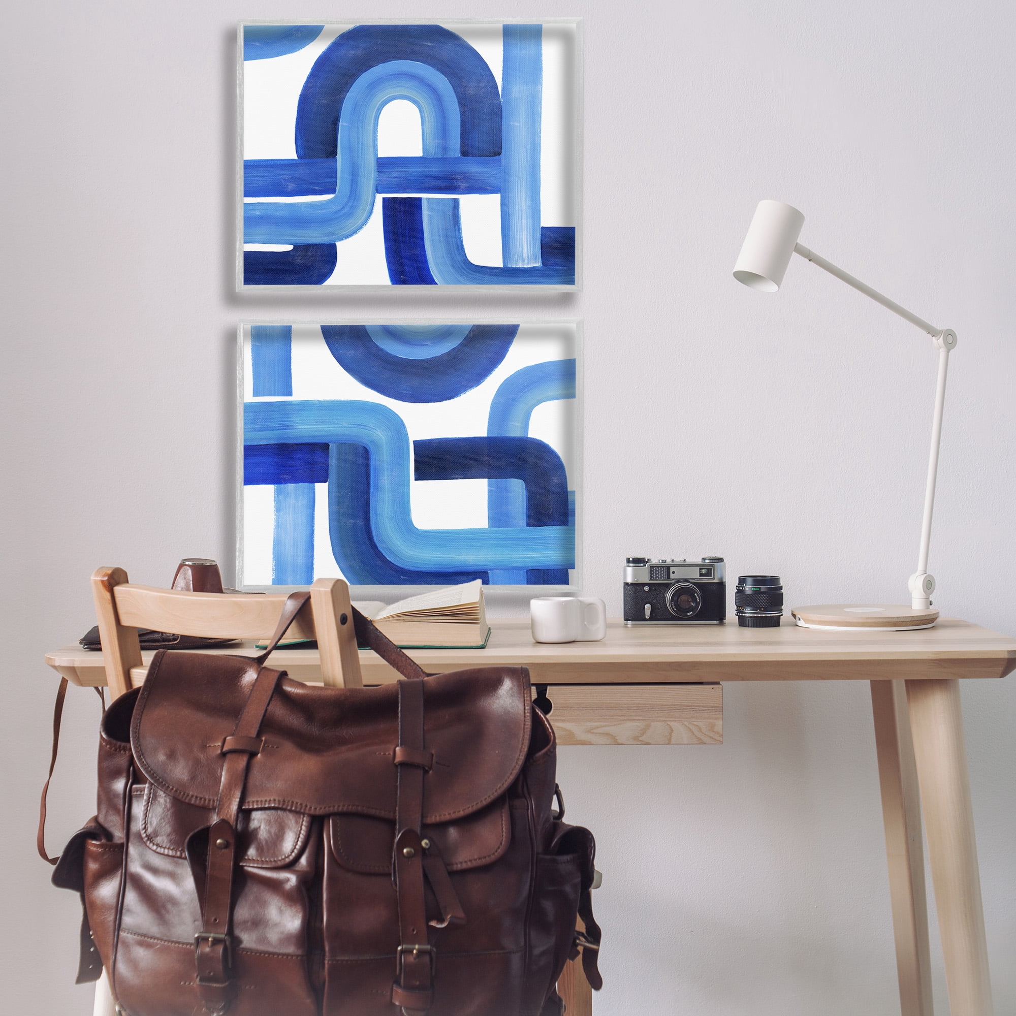 Stupell Industries Woven Blue Geometric Lines Abstract Painting Gray Framed Art Print Wall Art, 30 x 24, Set of 2