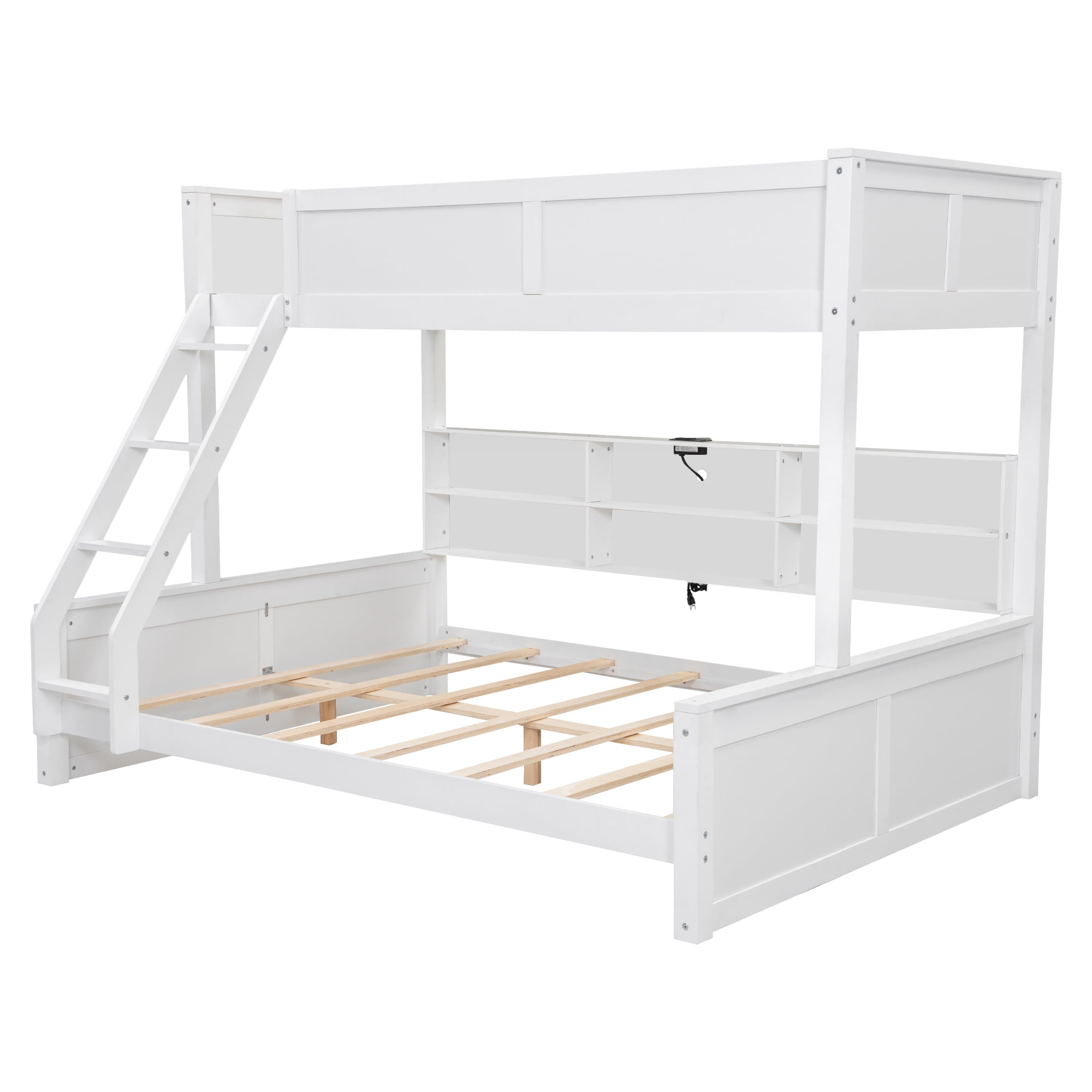 Twin XL over Queen Bunk Bed, Solid Pine Wood Bunk Bed with Built-in Storage Cabinets, Charging Station, Ladder,Safety Guardrails, No squeaking for Teens & Adults