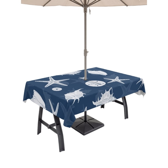 Outdoor Tablecloth with Umbrella Hole for Patio/Picnic/Party/Camping, Navy Blue Coastal Waterproof Table Cloth Rectangle Table Cover Washable, Summer Ocean Nautical Starfish Shells (54"x 80")