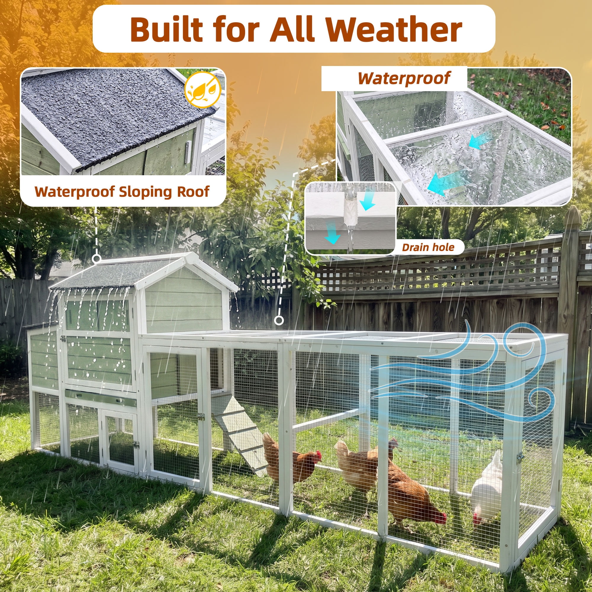 Backyard Chicken Coop with Nesting Box, Weather Resistant Wooden Hen House, Walk-In Run Options, Fits 2-6 Chickens, Green Coop with Run