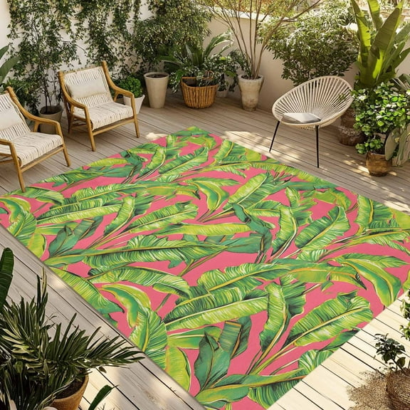 Fsddascl Green Tropical Leaves Outdoor Rug for Patio/Deck/Porch, Non-Slip Large Area Rug 4 x 6 Ft, Summer Palm Botanical Pink Indoor Outdoor Rugs Washable Area Rugs, Reversible Camping Rug Carpet