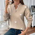 thumbnail image 5 of Cute Heart Print Sweater for Women V Neck Sweater Pullovers with Lace Trim Knit Jumper Khaki S, 5 of 8