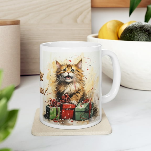 Coffee Mug 11oz, Merry Christmas Cat Lover Mug, Xmas Present Cat Tea Cup