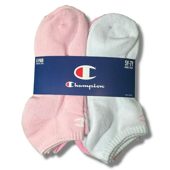 CHAMPION SOCKS GIRLS X6 - LOW CUT 253 - PINK WHITE SOL- SHOE 5Y-7Y / 9-11 6 PACK