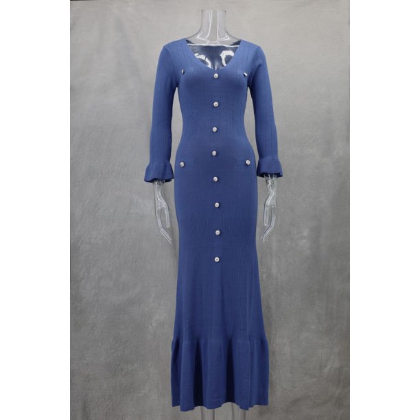 Vestido largo de punto para mujer, prenda elegante de manga corta con cuello en V, de una sola Bodycon botonadura, moda de fiesta de verano
