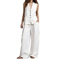 thumbnail image 2 of Women's Linen Two Piece Set, Sleeveless Vest and Wide Leg Pants, Summer Matching Resort Outfit, Breezy Beach Cover Up and Vacation Outfit Set for Women-White, 2 of 7