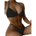 thumbnail image 2 of Franhais 4 Pcs Women Bathing Suits, Adults Tie-up Padded Solid Color Halter Bra + Crop Tops + Sarong + Thong, 2 of 8
