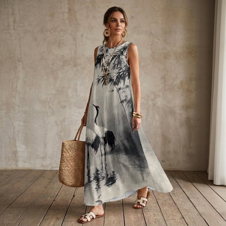 bird and grey dresses Jiueut Crane Bird Ink Leaf Print Maxi Dresses for Women, Crewneck  Sleeveless Maxi Dress for Women with Pockets, Linen Look Breathable Loose  Fit Vacation Dress, XL