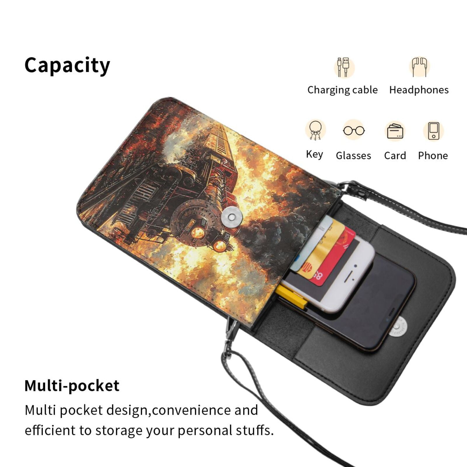Retro Steam Train Vintage Cell Phone Purse Small Crossbody Bag with Strap Credit Card Slots Leather Shoulder Wallet for Women