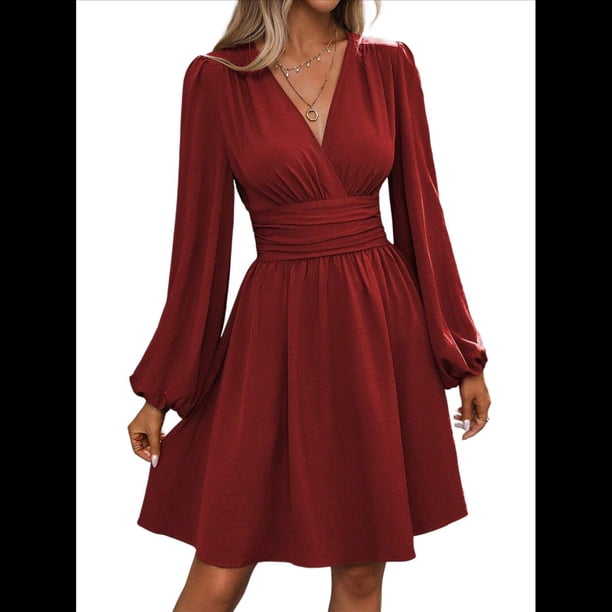 Vestido Elegante para Mujer, Cuello en V, Larga, Cintura Alta, Corte Holgado, para Fiesta de Graduación, Cóctel, Corto Vino Tinto XL