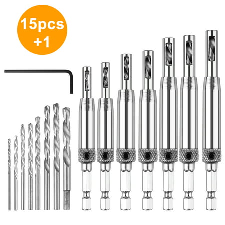 16PCS Woodworking Tool,7 Pcs Center Doors Self Center Drill Bits + 8 Replacement Drill Bits + 1 Hex Key,Hole Puncher Hinge Hardware Drill Set Tool 5/64'' 7/64'' 9/64'' 11/64'' 13/64'' 5mm