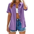 thumbnail image 3 of UVEASISHA Cotton Linen Shirts for Women Short Sleeve Collared Button Down Shirts Casual Office Work Cardigans Purple S, 3 of 8