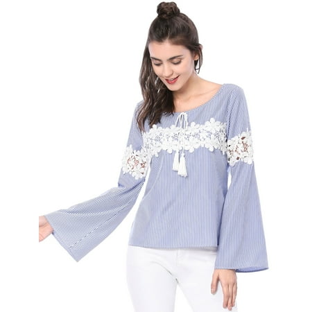- Women's Elegant Lace Panel Bell Sleeve Striped Blouse Shirt Tops Blue M (US 10)