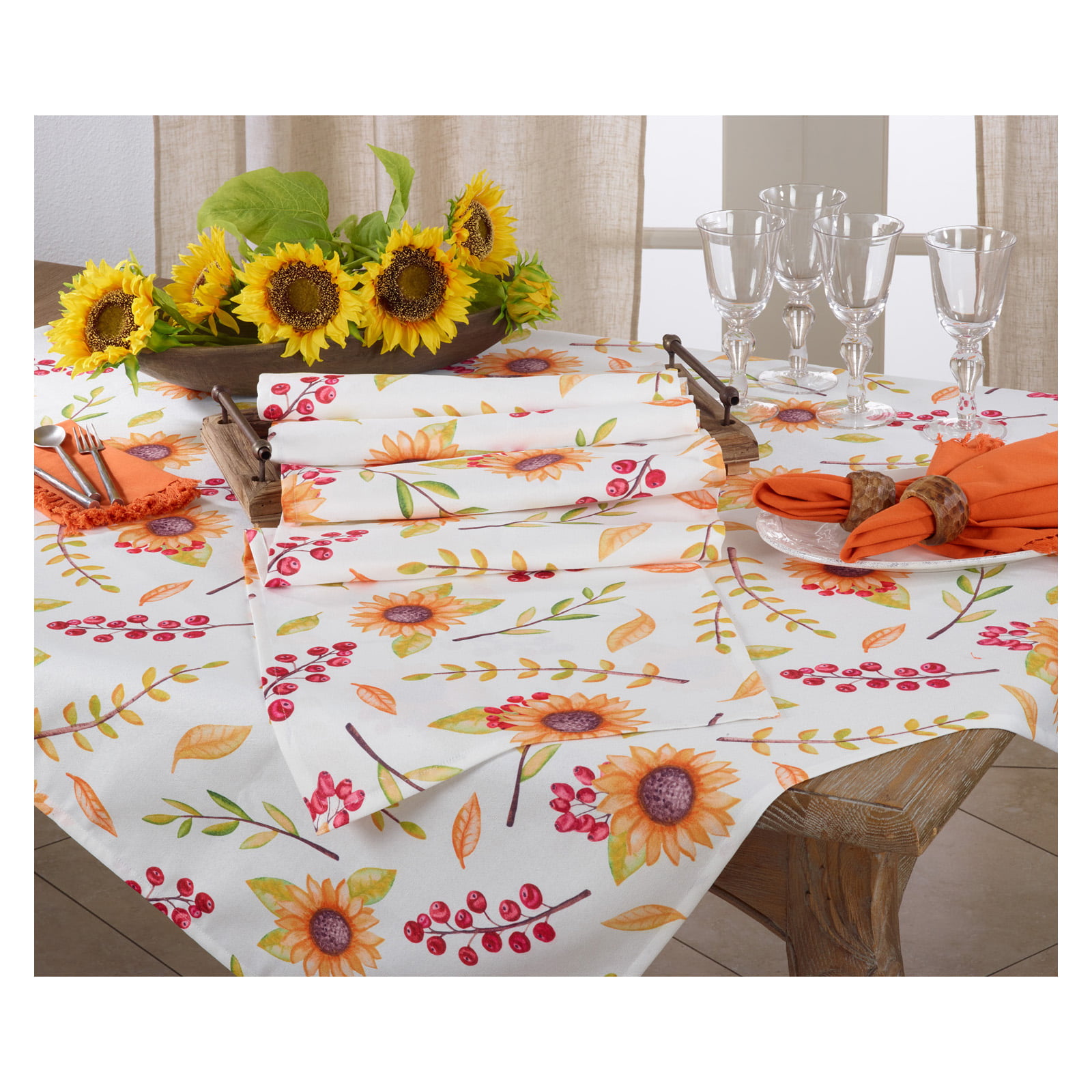 SUNFLOWER & BUTTERFLIES POLYESTER TABLE TOPPER 51.5" SQUARE TABLECLOTHS