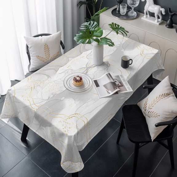 Grey Ombre Marble Table Cloth Waterproof Tablecloths, Yellow Modern Geometric Abstract Art Tablecloth Dining Table Cover for Kitchen Party Tabletop Outdoor, Rectangle Tablecloth 54x108 Inch