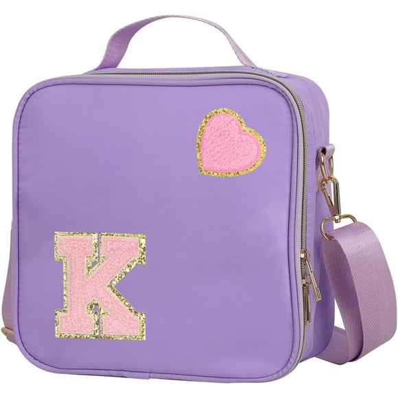 shiyou-Insulated Nylon Lunch Box for Girls, Kids, and Women-Stylish Purple Preppy Large Lunch Bag with Adjustable Strap (Letter K), Tote for School, Travel, and Picnics-Ideal Preppy Stuff Choice