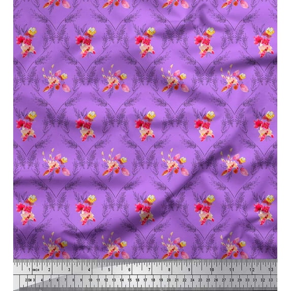 Soimoi Purple Cotton Cambric Fabric Flower & Leaves Watercolor Decor Fabric Printed Yard 58 Inch Wide
