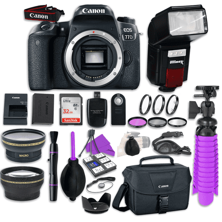 Canon EOS 77D Digital SLR Camera Body with + Automatic Flash + LED Video Light, Close-Up Lens Set, 32GB Memory Card + Accessory Bundle