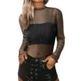 thumbnail image 4 of ZXSXSY Glitter Star Sheer Mesh Top for Women Short Long Sleeve Sexy Shirt See Through Clubwear Sparkly Tee Slim Blouse, 4 of 7