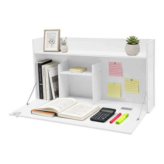 ToppiJoy Wall Mounted Desk, Wall Desk Fold Down with Drawer Shelves, for Small Spaces, Office Home Kitchen White