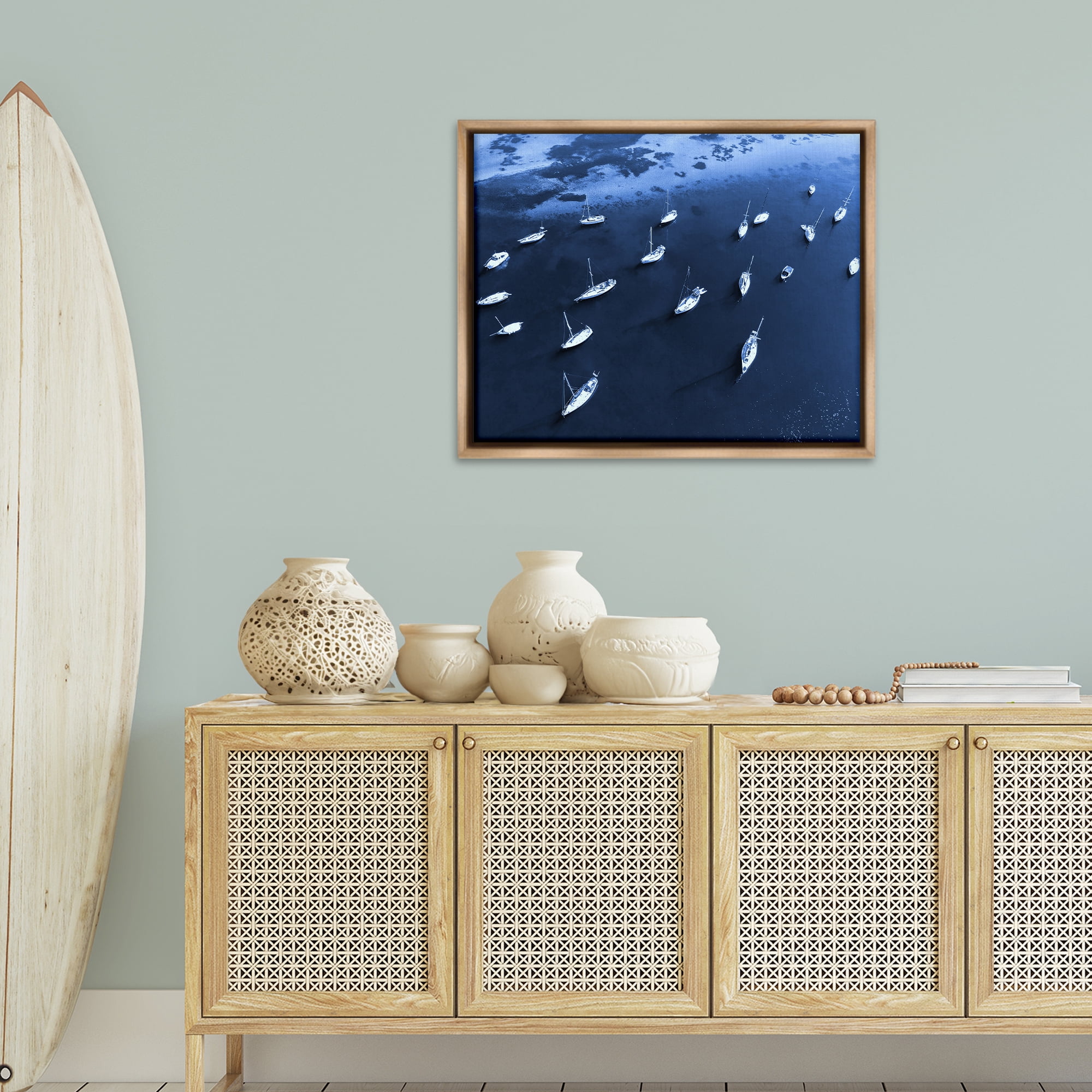 Stupell Industries Scattered Boats on Sea Transportation Photography Brown Floater Framed Canvas Art Print Wall Art, 31 x 25