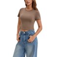 thumbnail image 4 of INSPIRE CHIC Womens Summer Basic Tees Crop Tops Short Sleeve Seamed Crewneck Tight Tops Workout Y2k T Shirts S Brown, 4 of 5