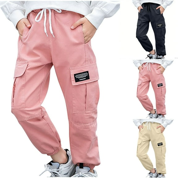 AIEOTT Boys' Pull-on Relaxed Fit Cotton Cargo Jogger Pants Drawstring Jogging Pants Kids Elastic Waist Trousers, for 4-13 Years