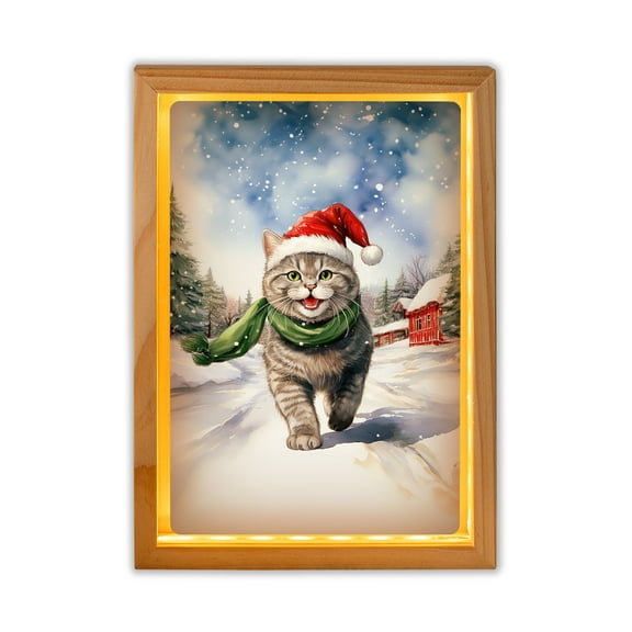 Hello Winter British Shorthair Frosty Morning Walk Welcome Snowy Christmas Acrylic Plaque with Wood Photo Frame Box Cat Lover Kitten Owner Gifts Light Box - 02018