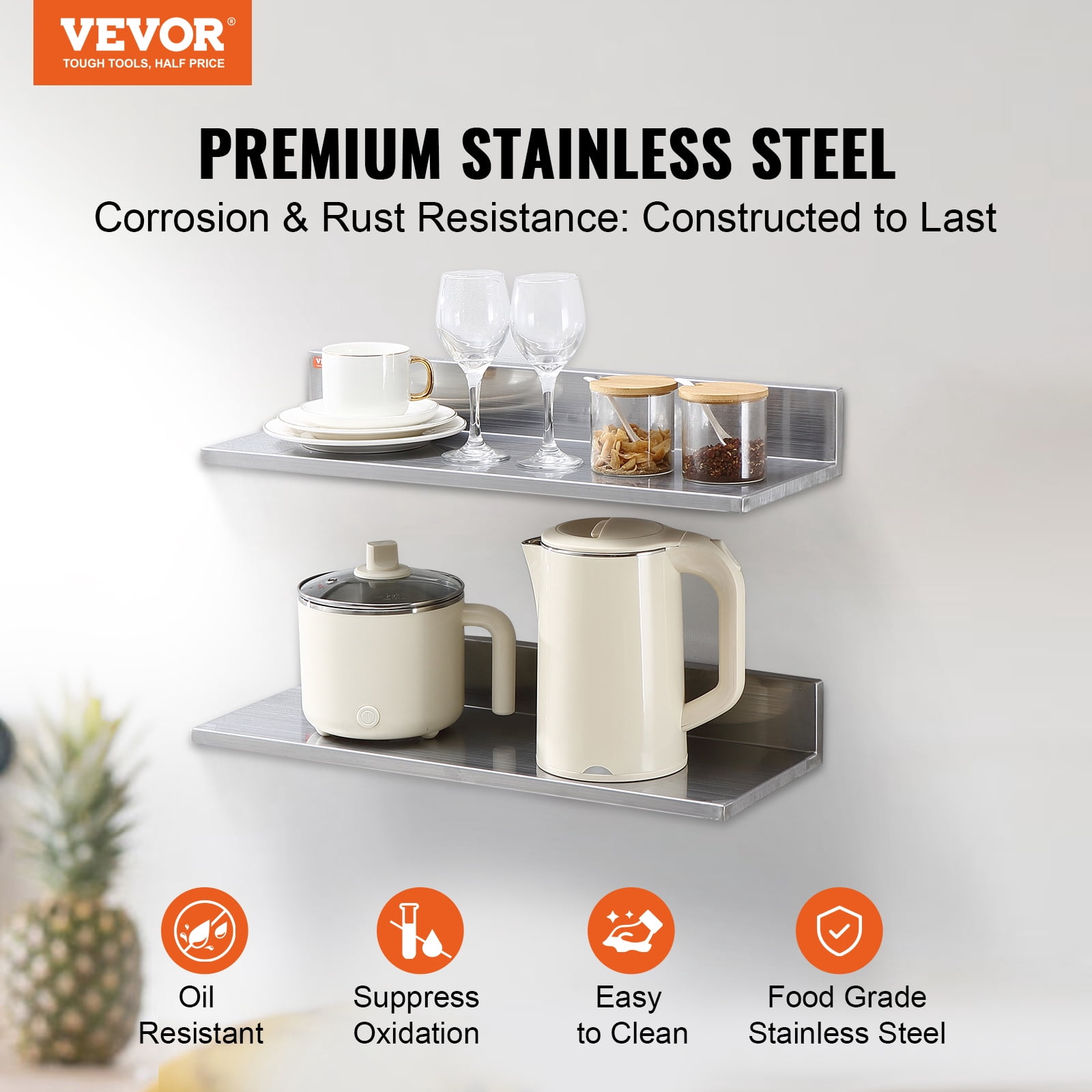 VEVOR 8.6" x 24" Stainless Steel Shelf 2 Pcs, Wall Mounted Floating Shelving with Backsplash, 44 lbs Load Capacity Commercial Shelves, Heavy Duty Storage Rack for Restaurant
