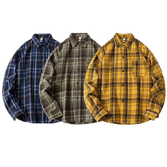 LWITHSZG Plaid Shirt Men Dressy Casual Loose Button Down Shirts Fall Winter Checkered Blouses Plus Size Long Sleeve Tops with Pocket Size L