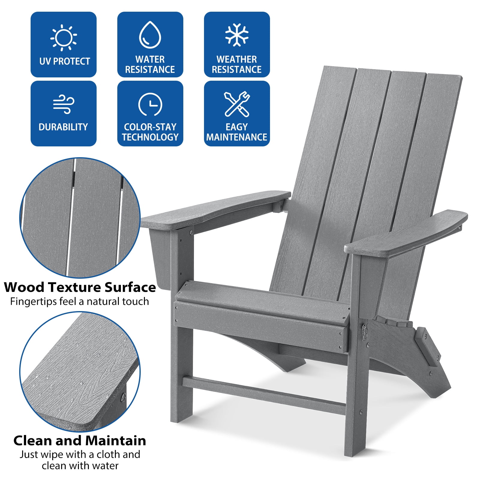 Garpans Folding Adirondack Chairs Set of 2 Weather Resistant Outdoor Adirondack Chair HDPE Outdoor Chair for Patio Front Porch Pool Garden Deck Fire Pit Outside, Gray