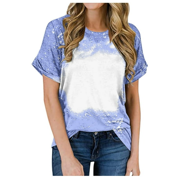Meichang Bleached Sublimation Shirts for Women Short Sleeve Crew Neck T Shirts Summer Distressed Tops Trendy Print Loose Fit Work T-Shirts