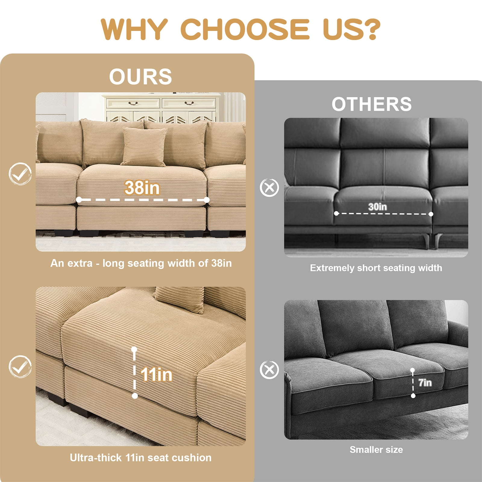 117" Modern Corduroy Sectional Couches for Living Room, Comfortable Corner Couch Sofa, Camel 3 Seater Corner Couch for Flexible Layout, Muebles para la Sala, Oversized Sofa Set