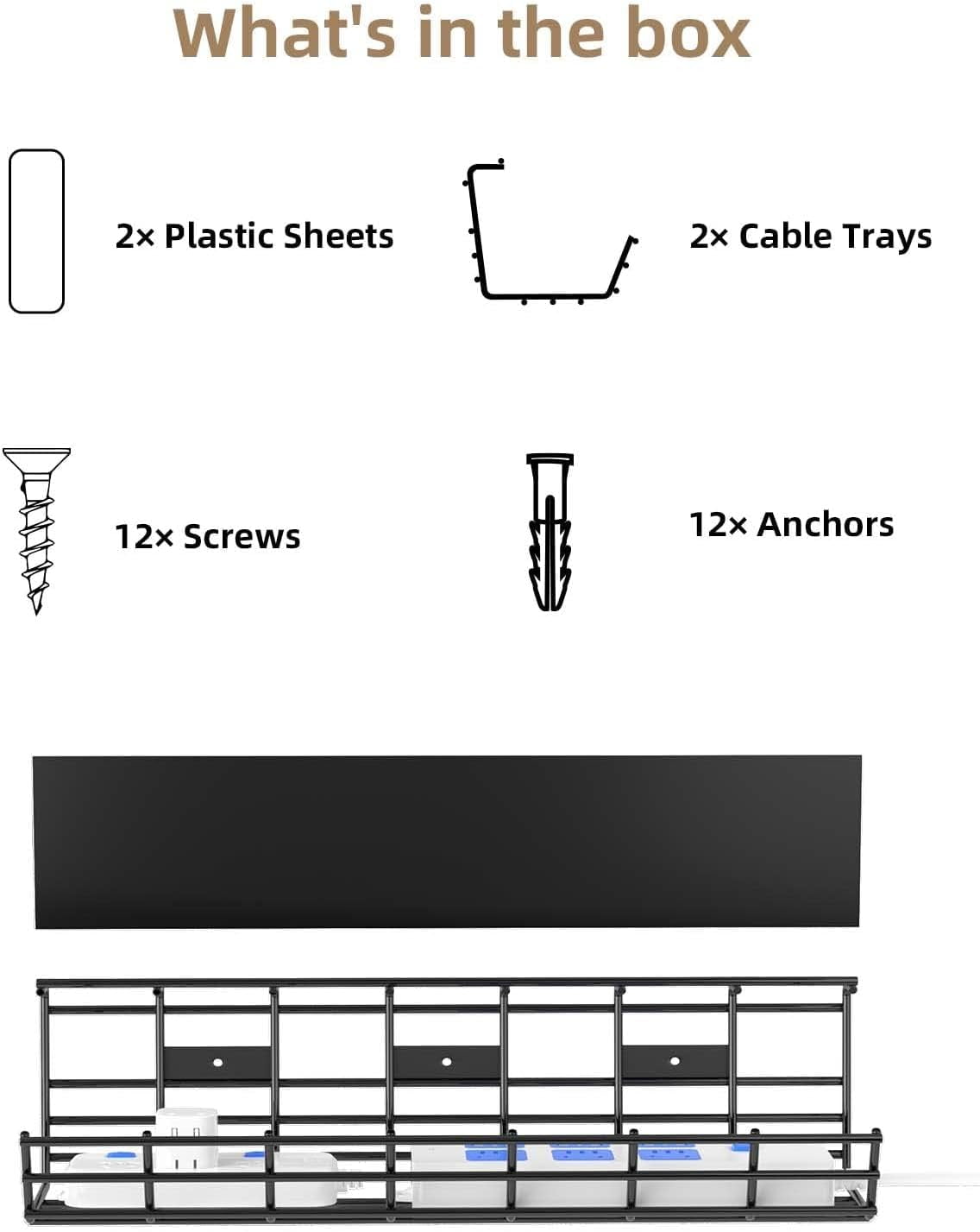 Delamu 2 Pack Under Desk Cable Management Tray, Desk Cord Organizer Cable Management Box, Black