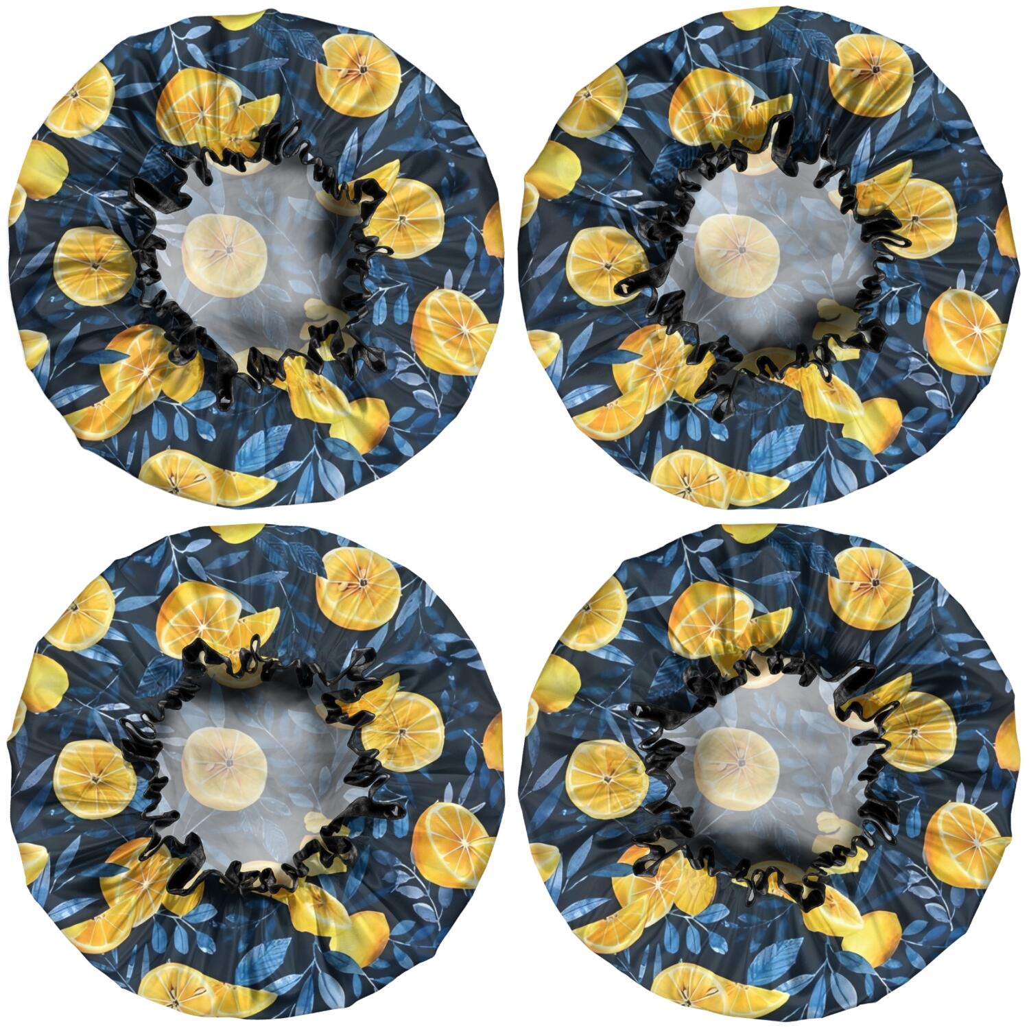 Shower Caps,Yellow Lemon Slices DarkBlue Pattern Waterproof Shower Cap for Women 4 Pieces,Double Reusable Hair Cover for Shower PEVA Elastic Stretch Hem