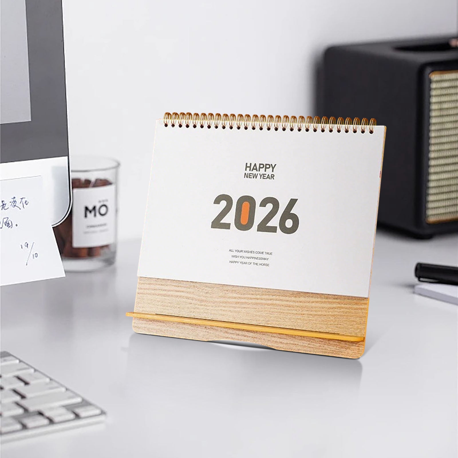 Desk Calendar 2026, Mini Horizontal Desktop Calendar with Stand, 2026 Chinese Year Gift, Office Desk Organizer, Thick Paper, Stable Triangular Base, Flat Lay Binding, Festive Red Decoration