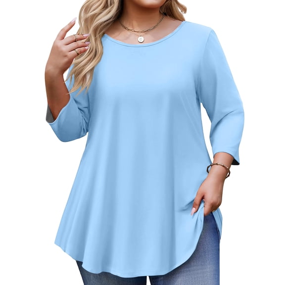 Fabrcox Womens Plus Size Shirts Tunic Solid Color Crew Neck Womens Shirts 3/4 Sleeve Spring Summer Floral Loose Fit Blouse L-5XL