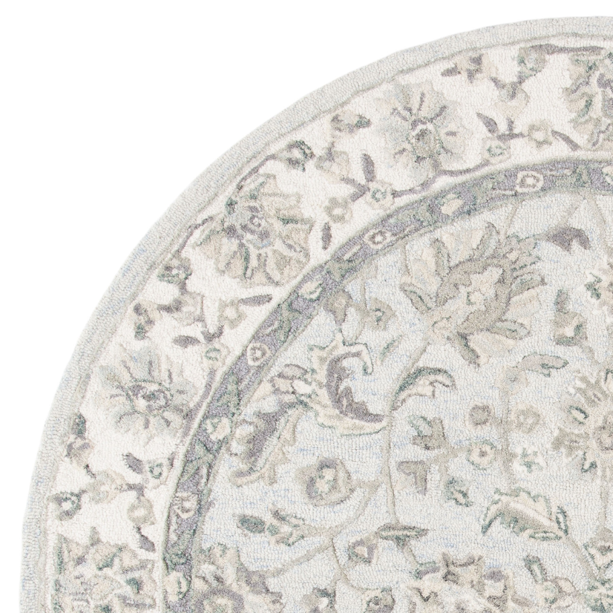 SAFAVIEH Glamour Pierce Floral Bordered Wool Area Rug, Light Blue/Ivory, 6' x 6' Round