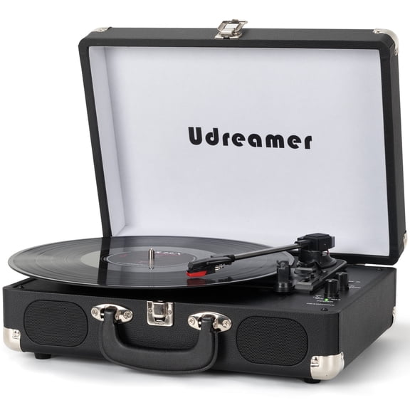 Udreamer Vinyl Record Player with Speakers,Turntables for vinyl records,Portable Suitcase Vinyl Player (tocadiscos de vinilo),Black