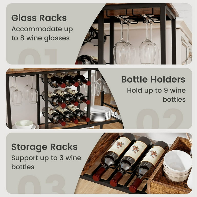 Costway 3-tier Bar Cart On Wheels Home Kitchen Serving Cart With Wine Rack & Glass Holder Rustic Brown