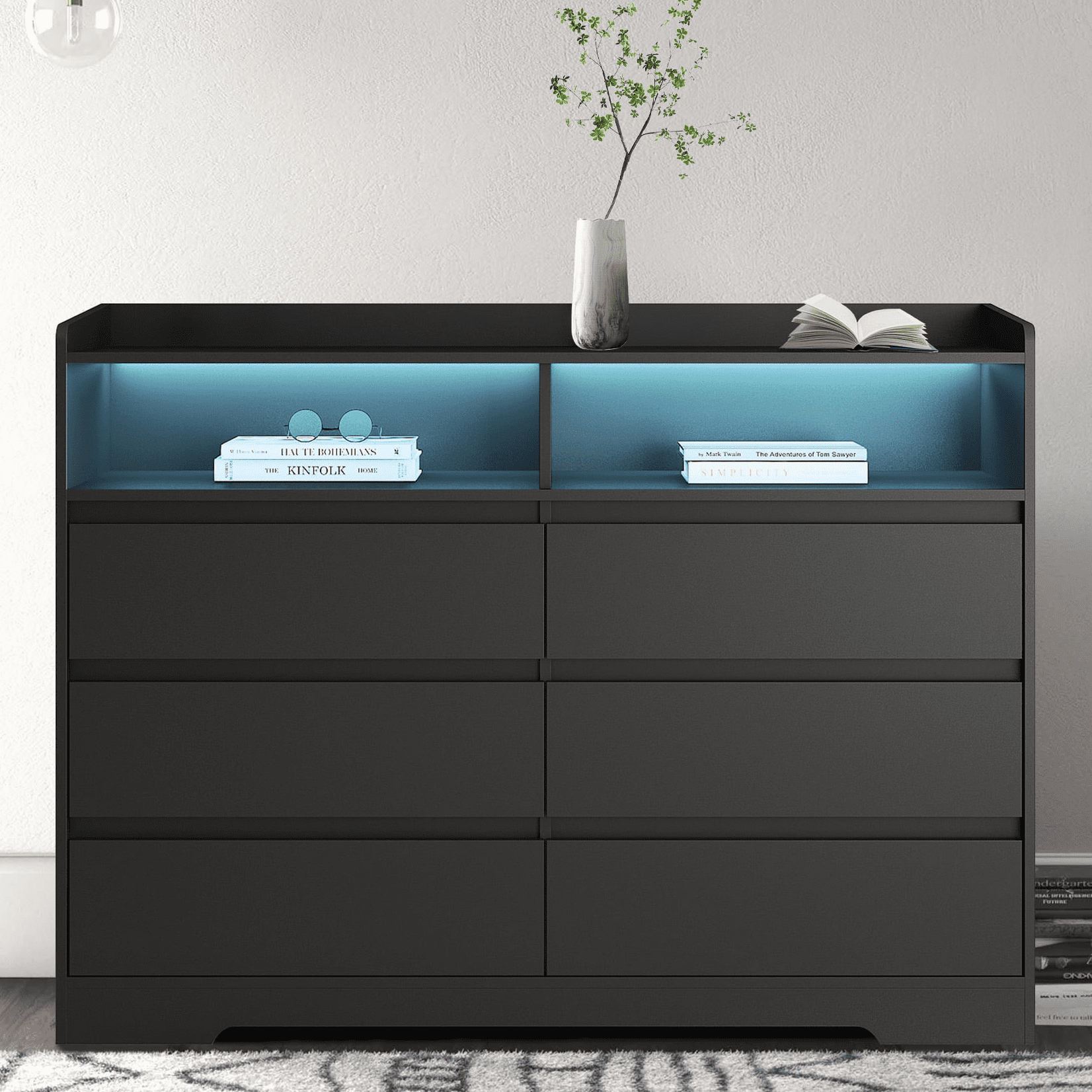 Aukfa Modern 6-Drawer Dresser Storage Buffet Cabinet with LED for Bedroom Living Room, Black