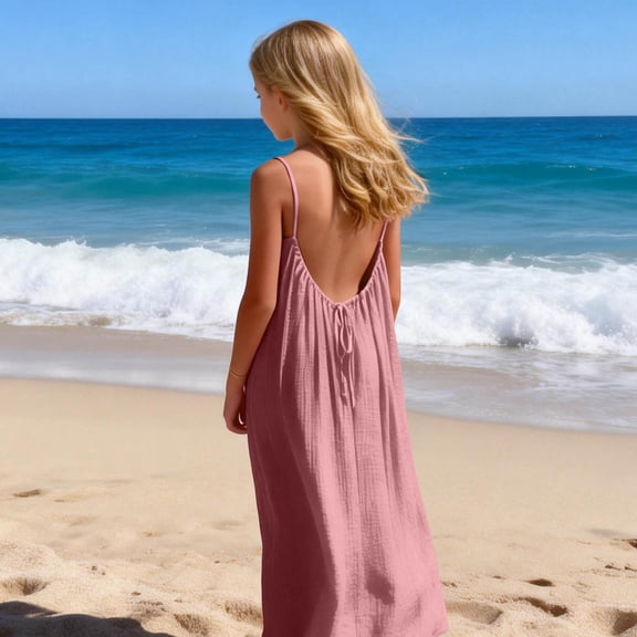 ATOGUTA Girls Princess Dress Boho Spaghetti Strap Summer Vacation Beach Bodycon Maxi Dress Size 5T-14. Pink