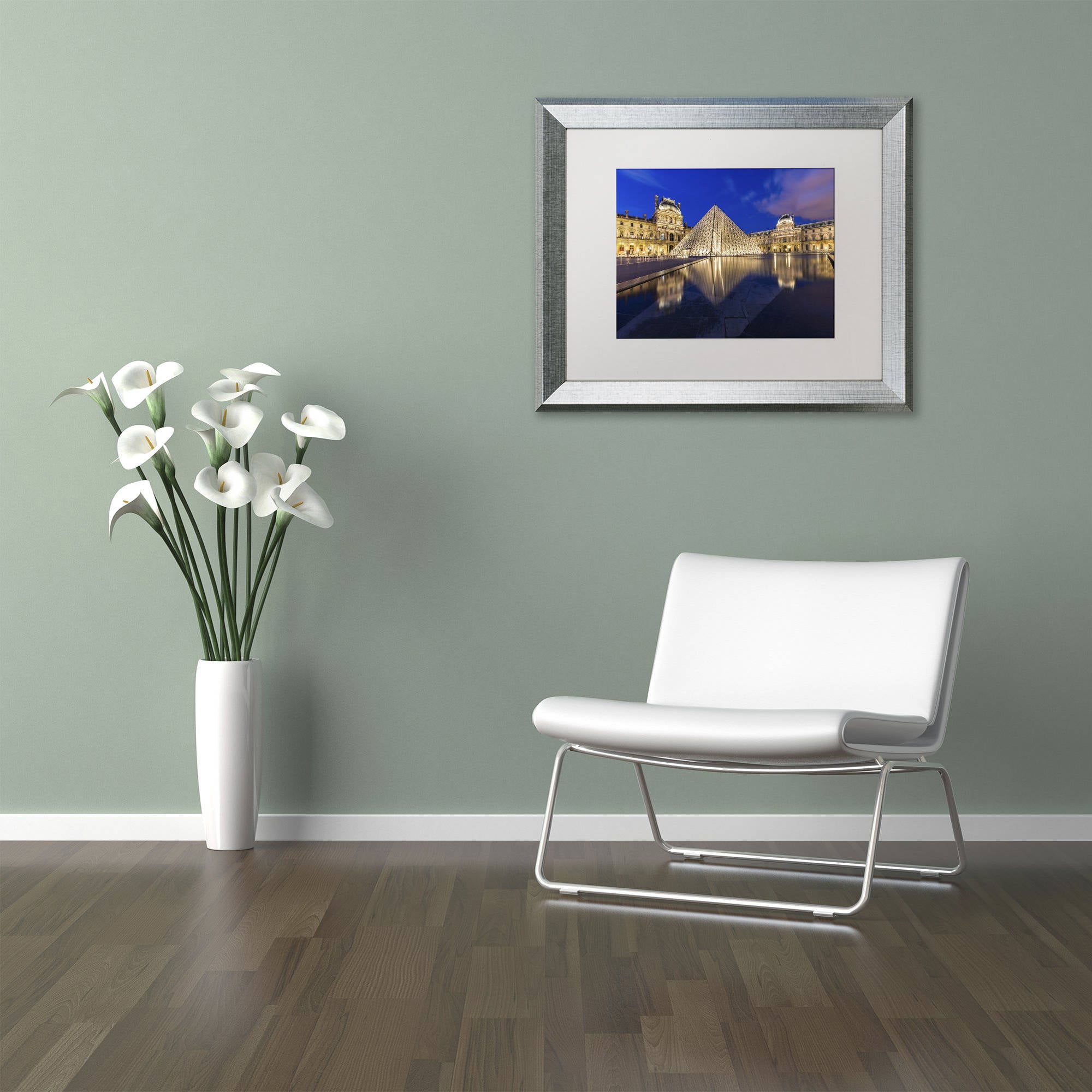 Trademark Fine Art "Golden Hour in the Louvre" Canvas Art by Mathieu Rivrin, White Matte, Silver Frame