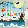thumbnail image 1 of Whimsical Halloween Shower Curtain with Rainbow 'Happy Halloween' Design Bats & Lanterns, 1 of 4
