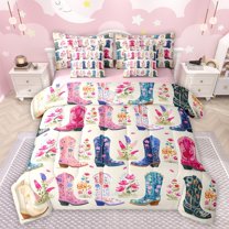 Manfei Adults Female Western Cowgirl Boots Bedding Comforter Set 7-Piece,Chic Floral Flowers King Bedding Sets,Exotic Style Ultra Soft Bed Sheets,Super Cozy Room Decor,Reversible