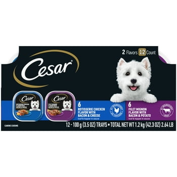 CESAR Soft Wet Dog Food Loaf in Sauce Rotisserie Chicken Flavor with Bacon & Cheese and Filet Mignon Flavor with Bacon & Potato Variety Pack, (12) 3.5 oz. Easy Peel Trays